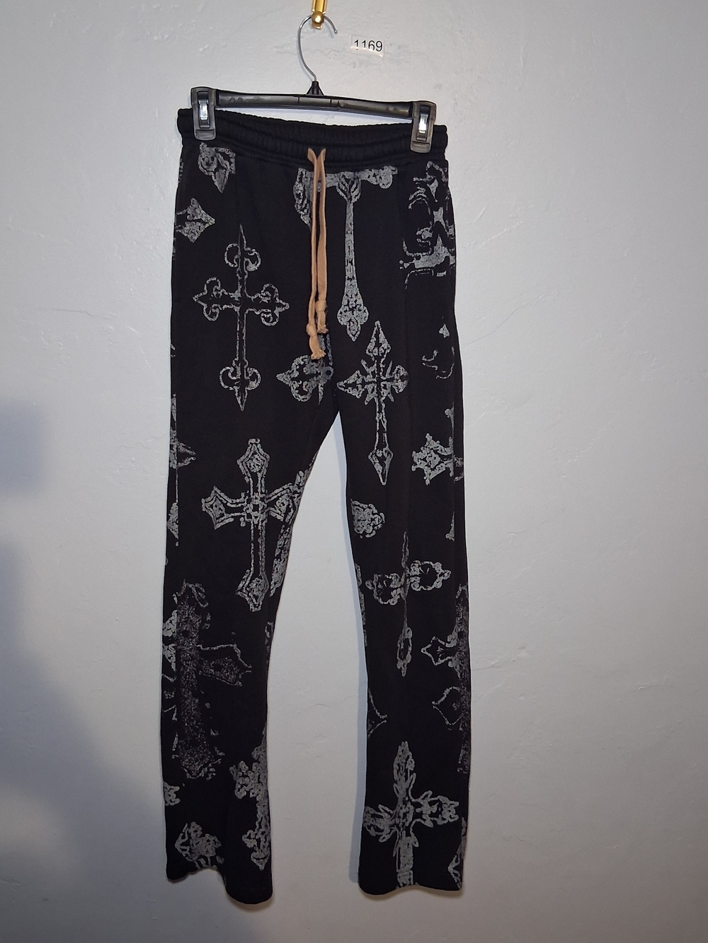 Black Cross-Print Jogger Pants with Tan Drawstring